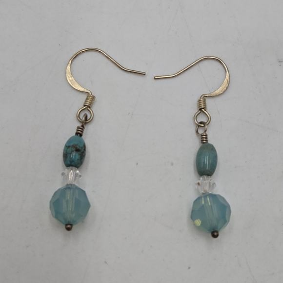 Blue Turquoise Bead Dangle Earrings And Light Blue Faceted Crystal Glass Hooks - Picture 1 of 3